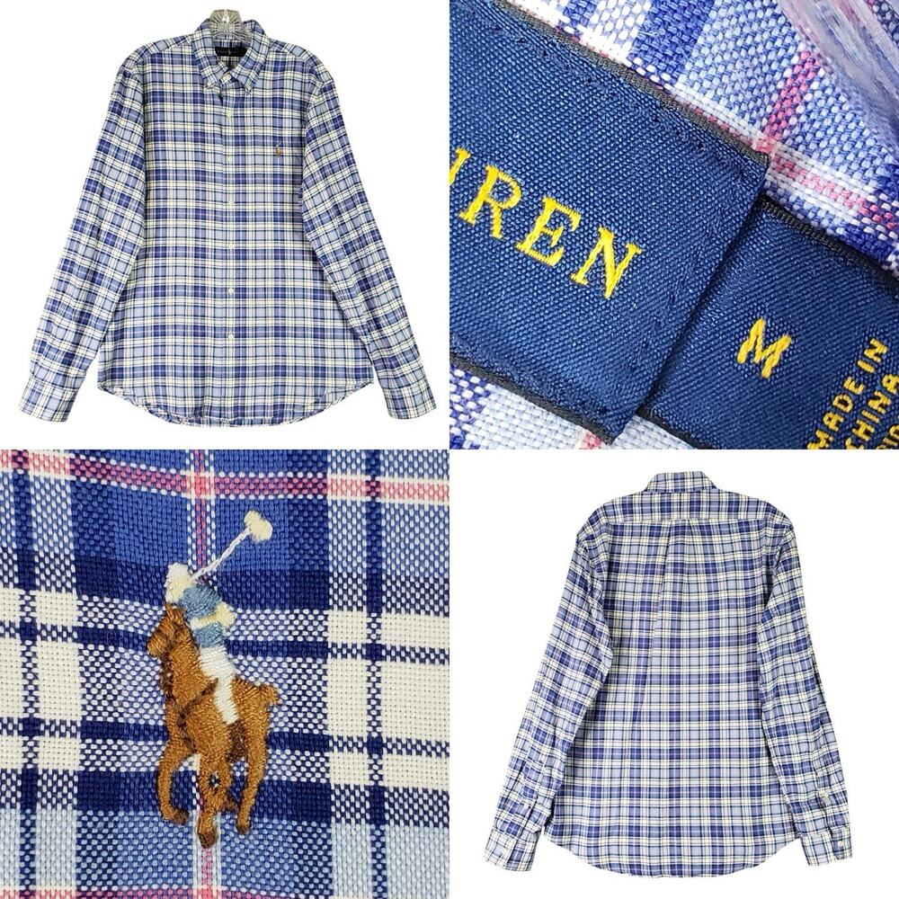 Polo Ralph Lauren Oxford Shirt Mens Size Medium Plaid Blue LS Button Down